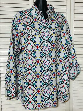 John Mark Med white linen blouse with colorful geometric designs